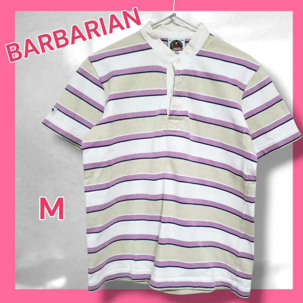 バーバリアン ラガーシャツ 半袖Tシャツ ボーダー レディース M ノーカラー