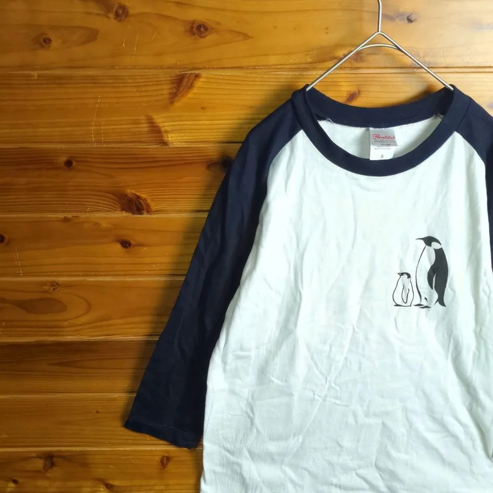 長袖Tシャツ ロンT 七分袖 ペンギン カジュアル ラグラン袖 S 白 黒 古着