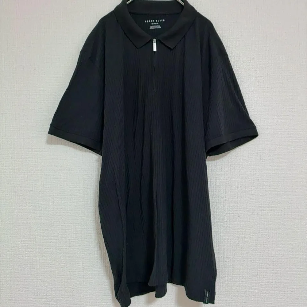 ペリーエリス ポロシャツ ハーフジップ 半袖 無地 2XL 黒 綿 デイリー
