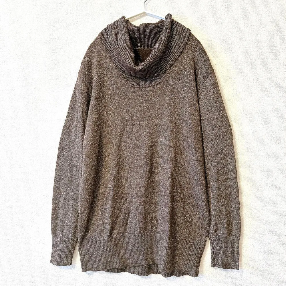 ラメニット セーター ブラウン 茶 L オフタートル ゆったり 古着 レトロ