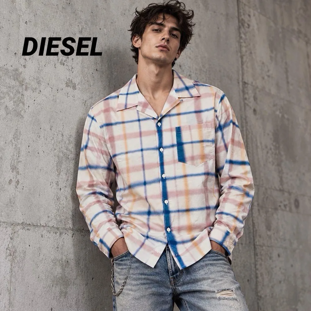未使用/DIESEL ディーゼル 長袖チェックシャツ オープンカラー チェック