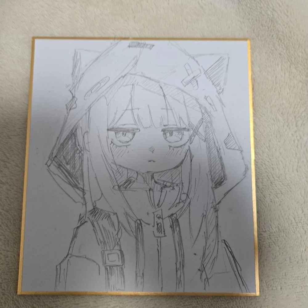 手描きイラスト ミニ色紙 猫耳フードの少女