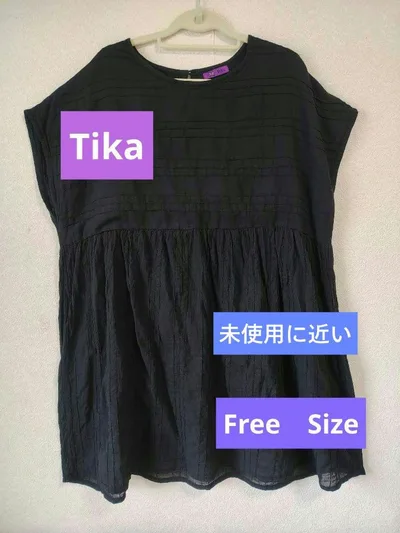 ネイビー フレンチ袖 チュニック インド綿 未使用に近い