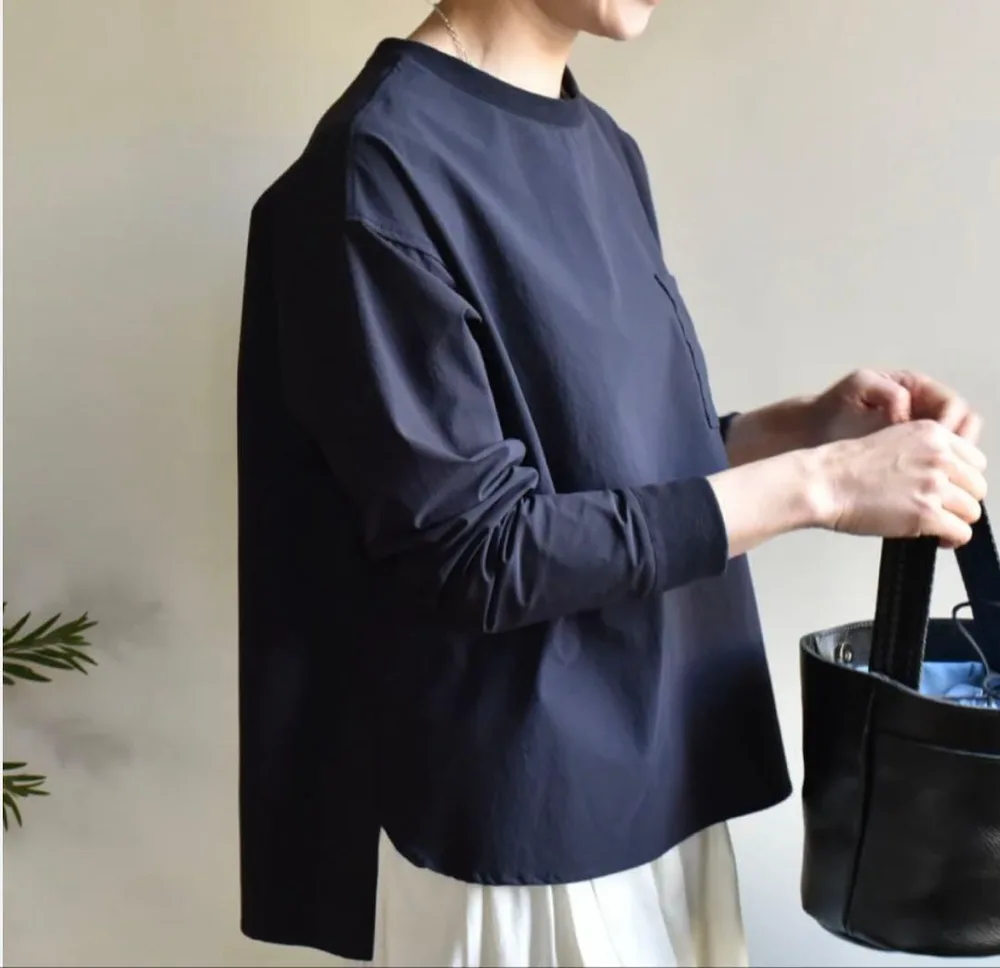 OURHOME ハリ感素材のきれいめプルオーバー ダークネイビー