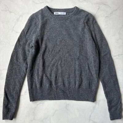 美品✨ZARA クルーネック 長袖 ニット セーター ウール100% グレー S