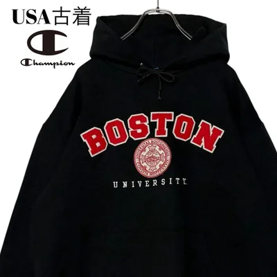 USA古着チャンピオン カレッジパーカー 黒 L ボストン大学 スウェット 刺繍