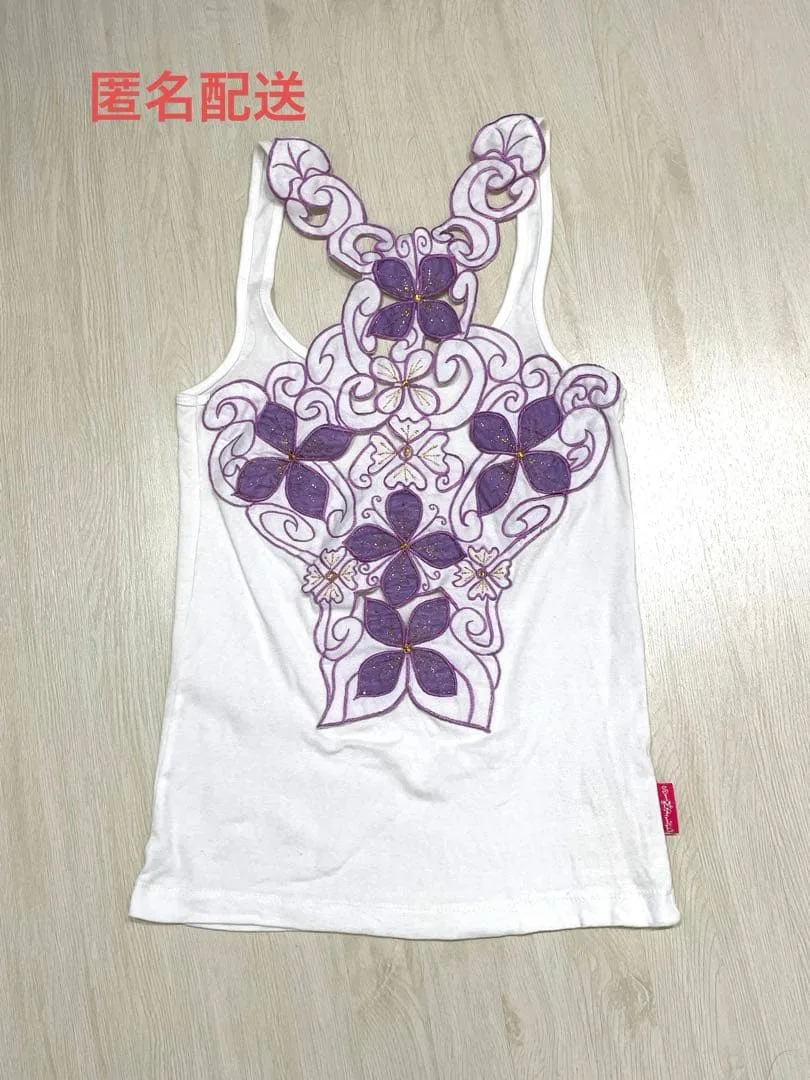 花柄刺繍 タンクトップ ホワイト パープル