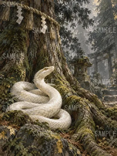 白蛇が注連縄のある大樹の根元で鎌首をもたげる神秘的な神社の森イラスト e3