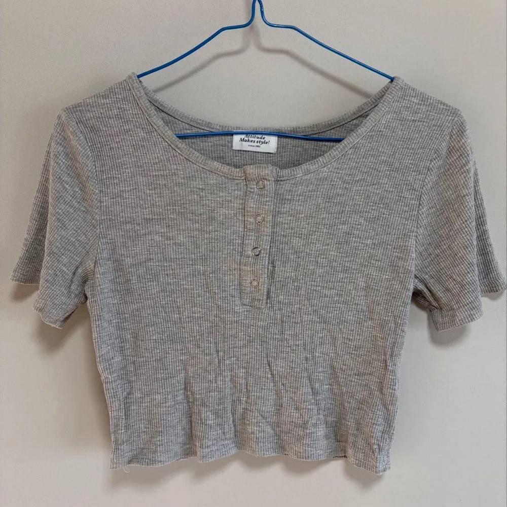 半袖 ヘンリーネック リブTシャツ グレー レディース