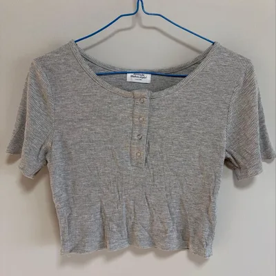 半袖 ヘンリーネック リブTシャツ グレー レディース