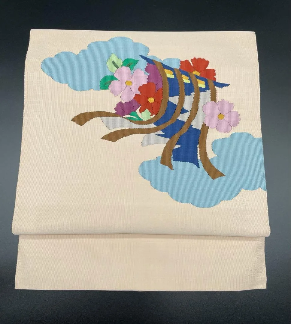 名古屋帯 洒落帯 高級 ♢ 正絹 綴織 花柄 雲 草花 R421