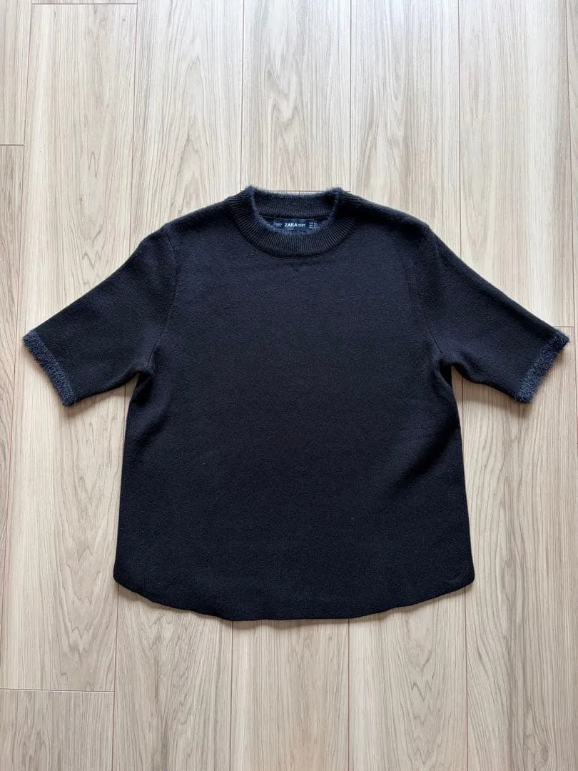 新品 ZARA ザラ 半袖ニット ブラック S ファー付