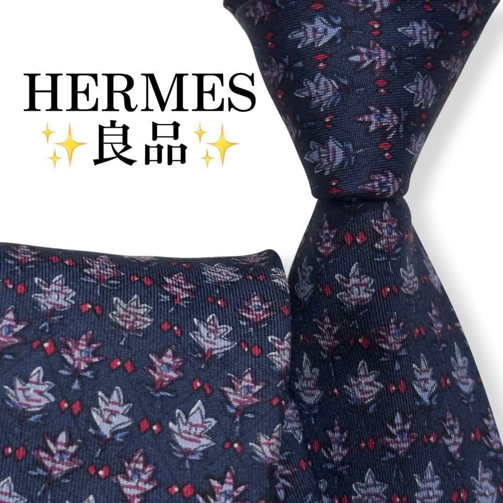 良品✨HERMES ネクタイ エルメス ボタニカル ネイビー シルク