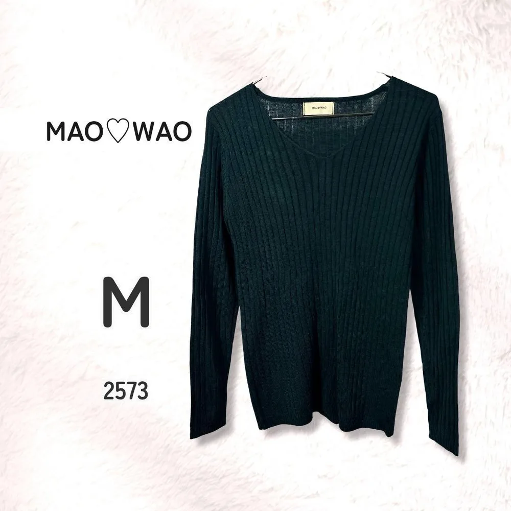 MAOWAO マオワオ Vネック リブニット 長袖 M ダークグリーン 秋冬