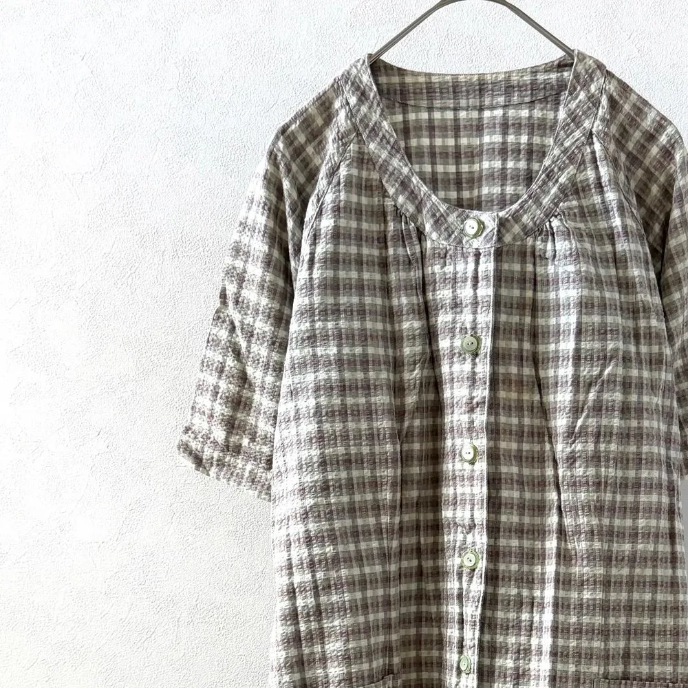 ハンドメイド ロングシャツワンピース ノーカラー チェック柄 ポケット付き