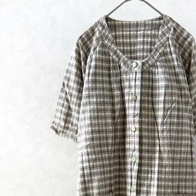 ハンドメイド ロングシャツワンピース ノーカラー チェック柄 ポケット付き