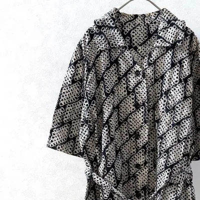 ハンドメイド ロングシャツワンピース ベルト付き 総絞り柄 レトロ ゆったり