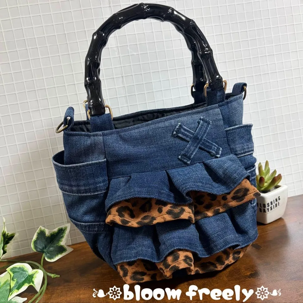 No.98 デニムリメイク♡バンブーバッグ♡フリルバッグ♡ハンドメイド
