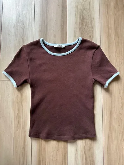 ZARA リブ半袖Tシャツ ブラウン×ライトブルー Mサイズ