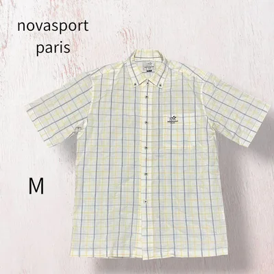 novasport チェックシャツ 半袖 日本製 M イエロー×ブルー 白