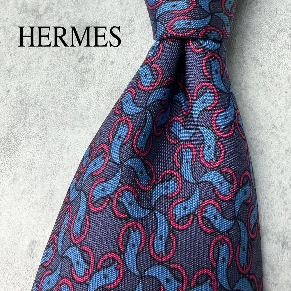 美品 HERMES エルメス サークル柄 ベルト柄 謎柄 ネクタイ ネイビー 紺