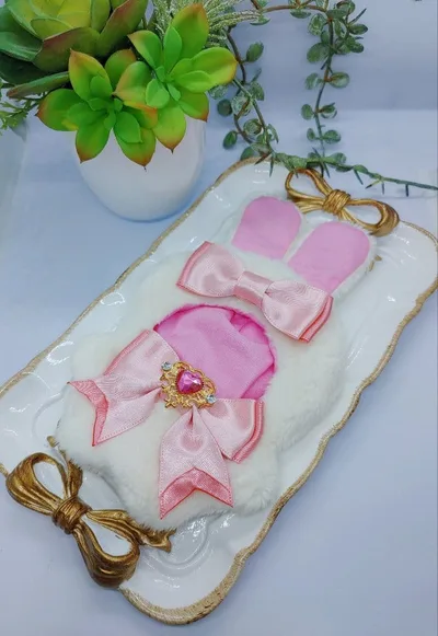 11cm ぬい服 着ぐるみ ウサギ耳 オフホワイト×ピンク
