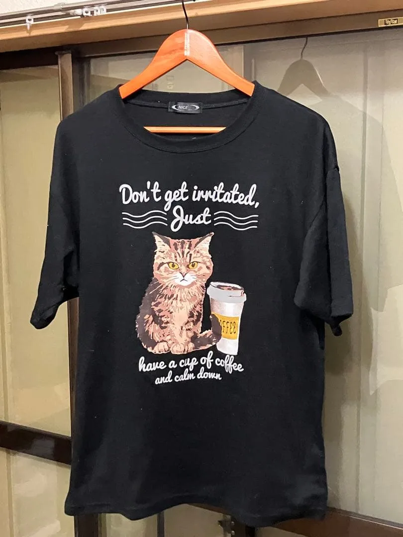 NICE Tシャツ ブラック 猫 コーヒー プリント