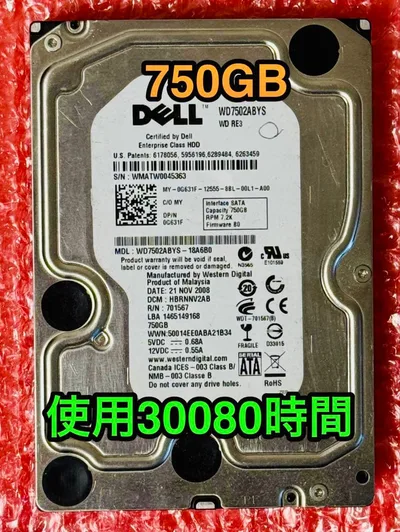 DELL 750GB HDD WD7502ABYS 使用30080時間