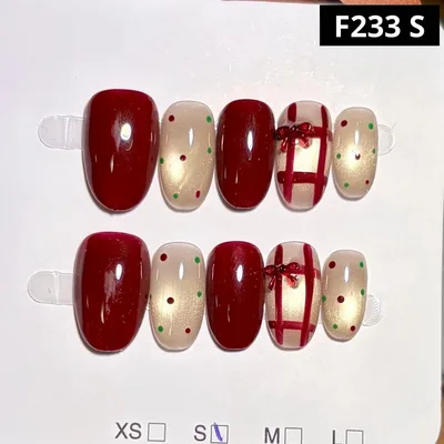 【高品質】現品ネイルチップ ショートオーバルワインレッドドットチェックマグネット