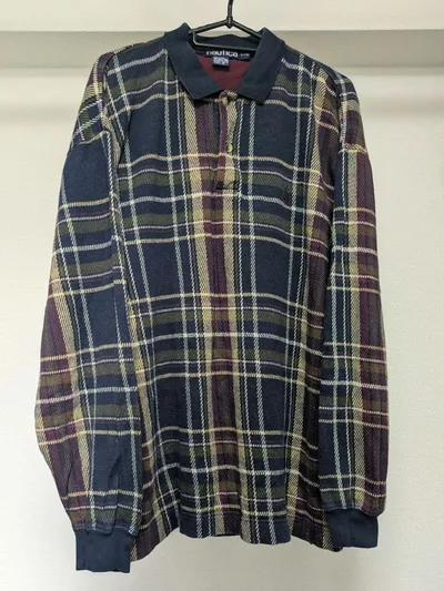 90s NAUTICA チェック柄 長袖ポロシャツ L