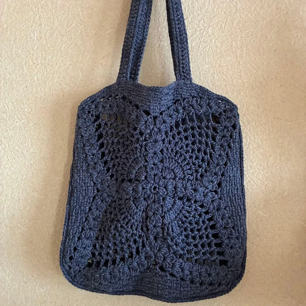 ハンドメイド かぎ針編み パイナップルレース風 透かし編みトートバッグ ネイビー
