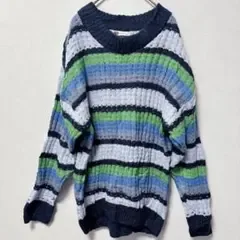 エスオー✨【M】ニット クルーネック 長袖 ボーダー 青 アクリル デート