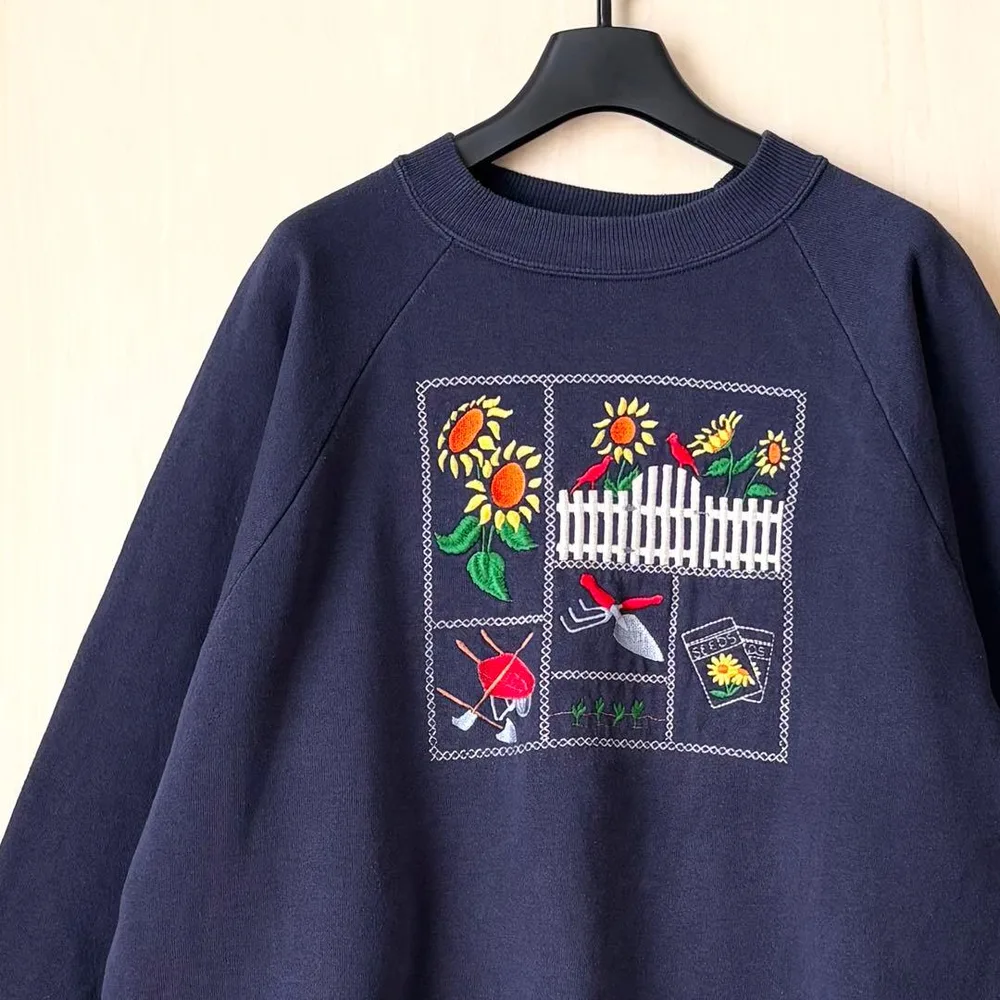 80s 90s古着 レトロスウェット ラグラン 園芸 ひまわり 刺繍デザイン
