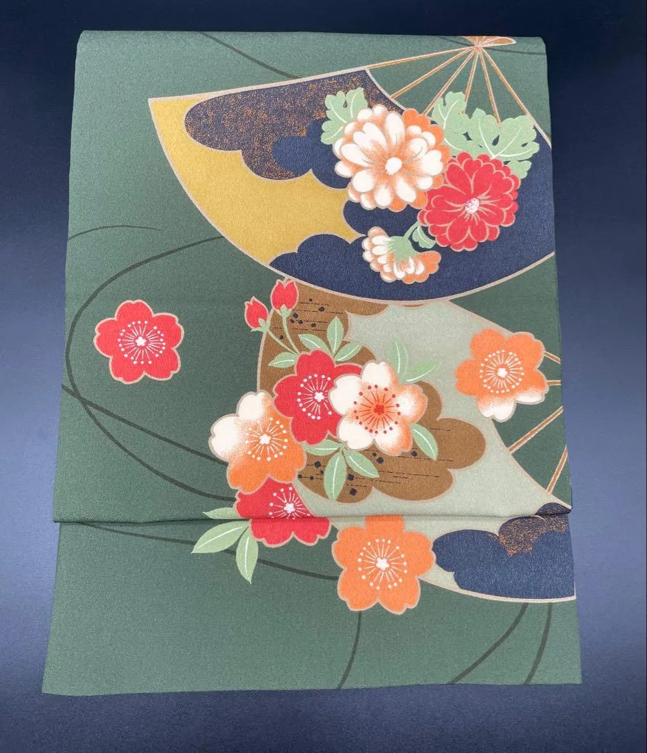 名古屋帯 洒落帯 高級 ♢ 正絹 縮緬 花柄 さくら 扇子 R431