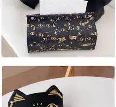 猫柄 ティッシュケース ブラック ゴールド