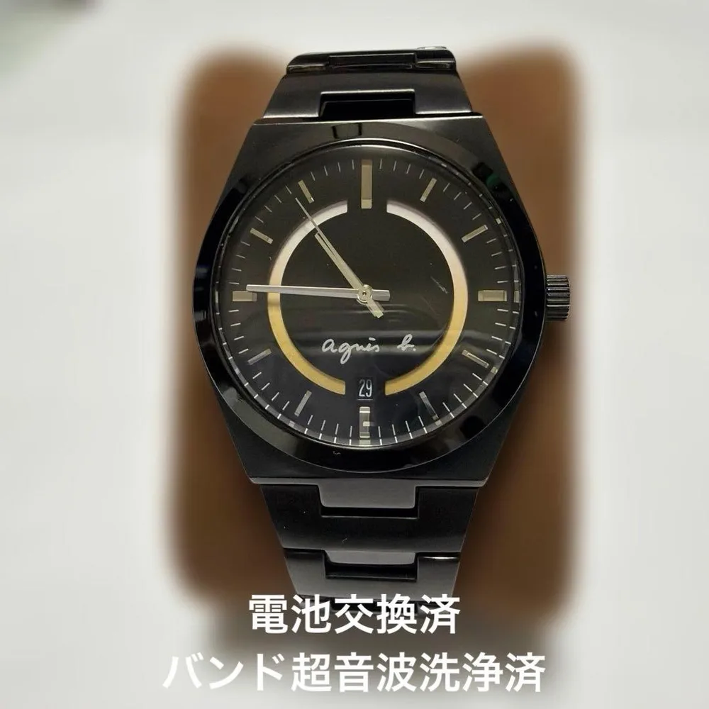【稼働/新品電池】アニエスベー 腕時計 オールブラック デイト メンズ
