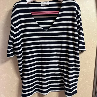 ストライプ Vネック 五分袖Tシャツ
