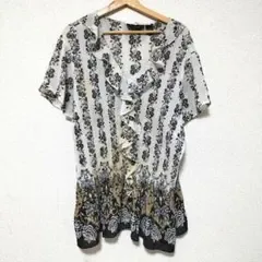セパレーツ ブラウス フリル フレンチスリーブ 花柄 ビッグサイズ 白 黒