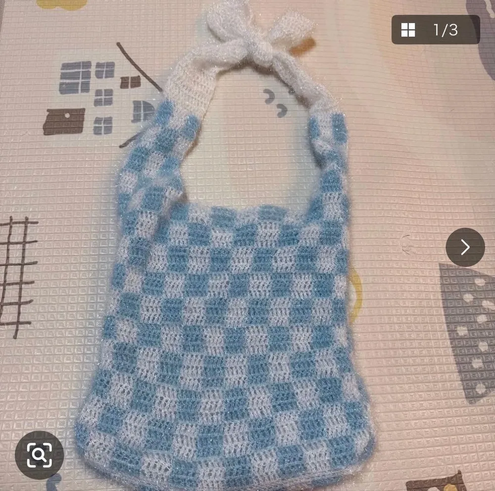 ハンドメイド かぎ針編み 紐の調節可能なトートバッグ チェック柄