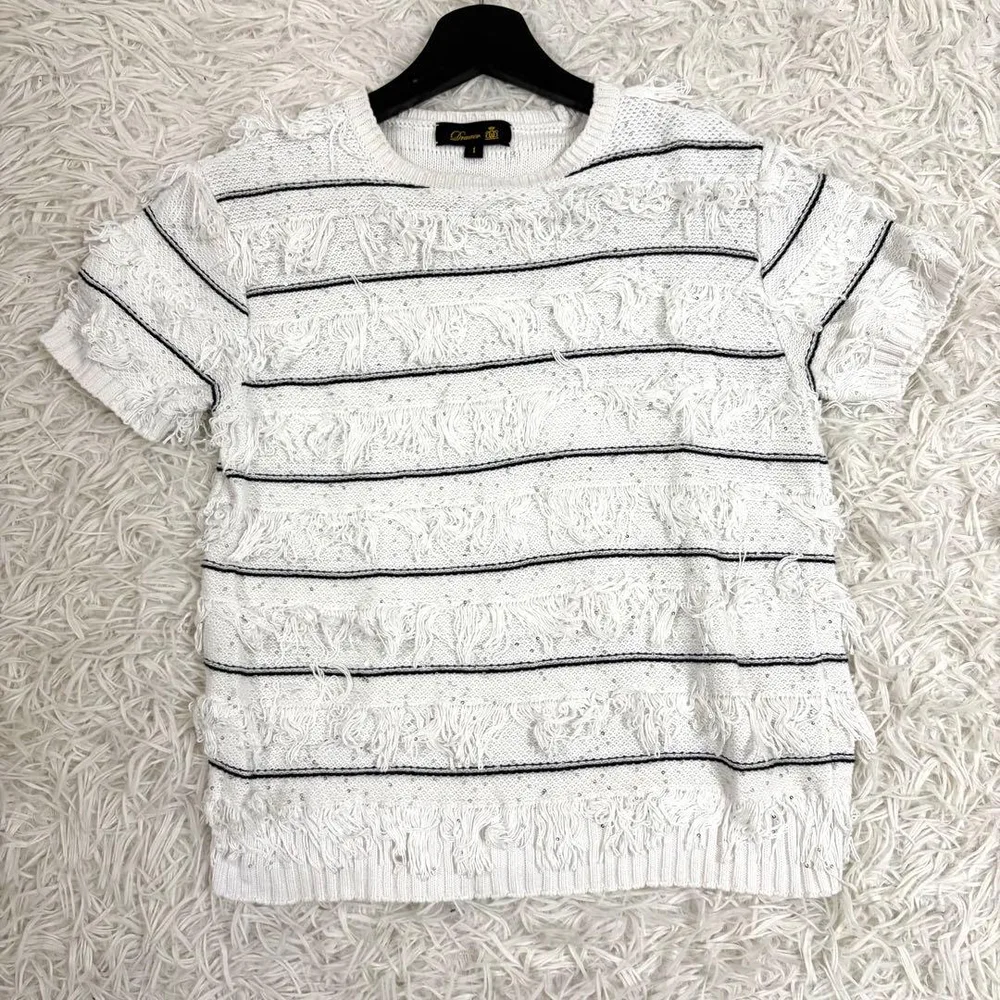極美品✨ドゥロワー フリンジ スパンコール ボーダー サマーニット 半袖 白 1