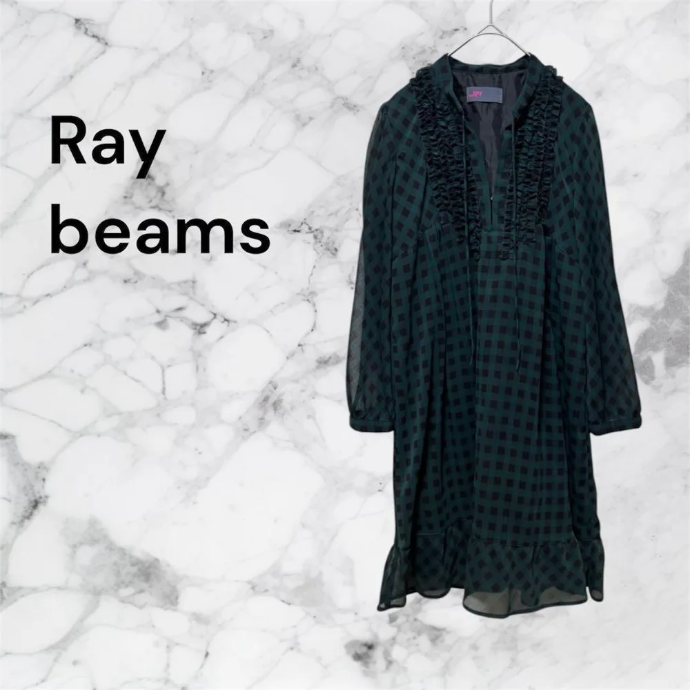 レイビームス ワンピース チェック シフォン シースルー グリーン