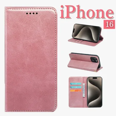 iPhone16ケース 手帳型 スマホケース スタンド機能 カード収納 ピンク