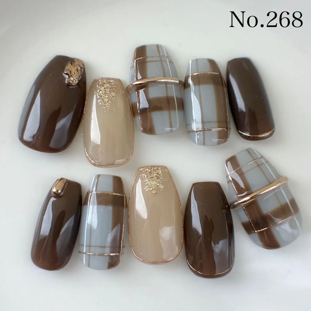 ネイルチップ ニュアンス ブルー ブラウン チェック 秋ネイル