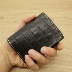 お札を折らない クロコ型押し コンパクト財布 ミニ財布 本革 ブラック 黒