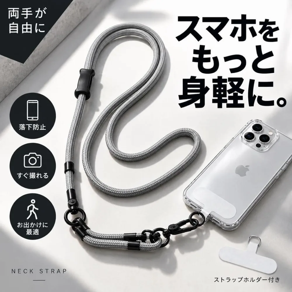 スマホショルダーストラップ 首掛け 落下防止 グレー ネックストラップ ブラック