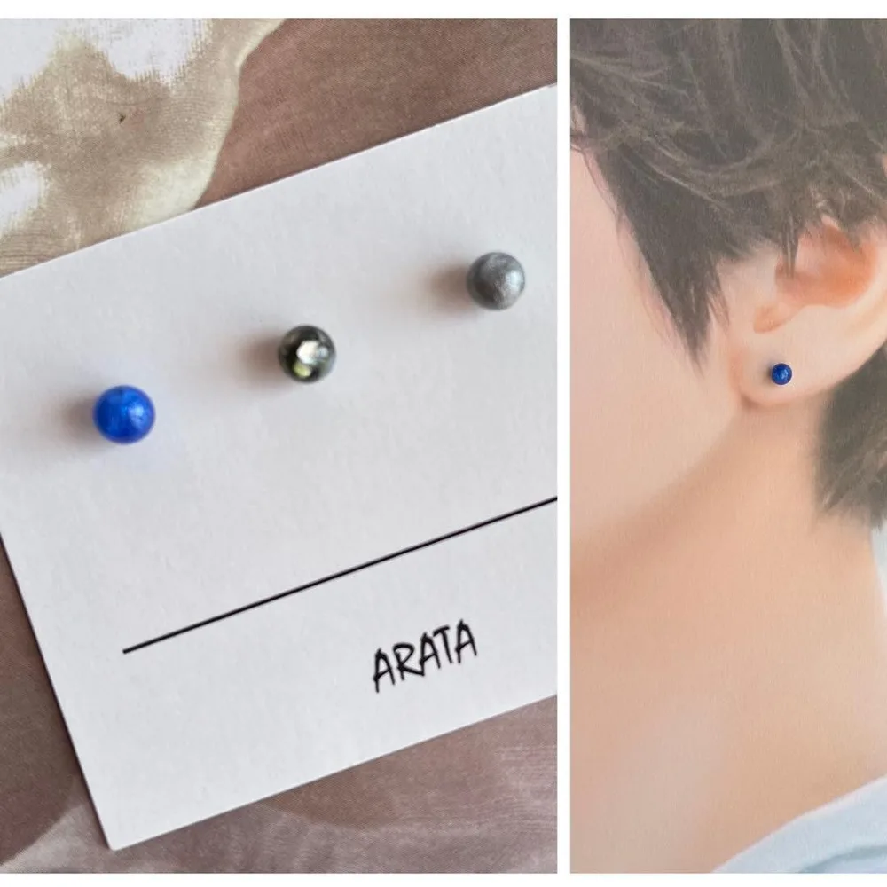 まち針ピアス ミニピアス ハンドメイド 青 黒(シェル) シルバーグレー アシメ