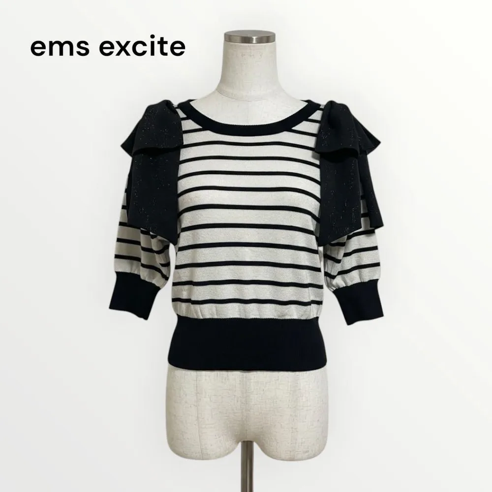 ems excite エムズエキサイト 肩リボン ボーダー ニット トップス F
