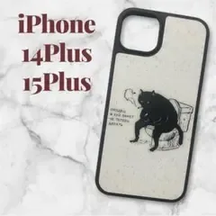 iPhone 14Plus / 15Plus ケース 黒猫 イラスト タバコ 白