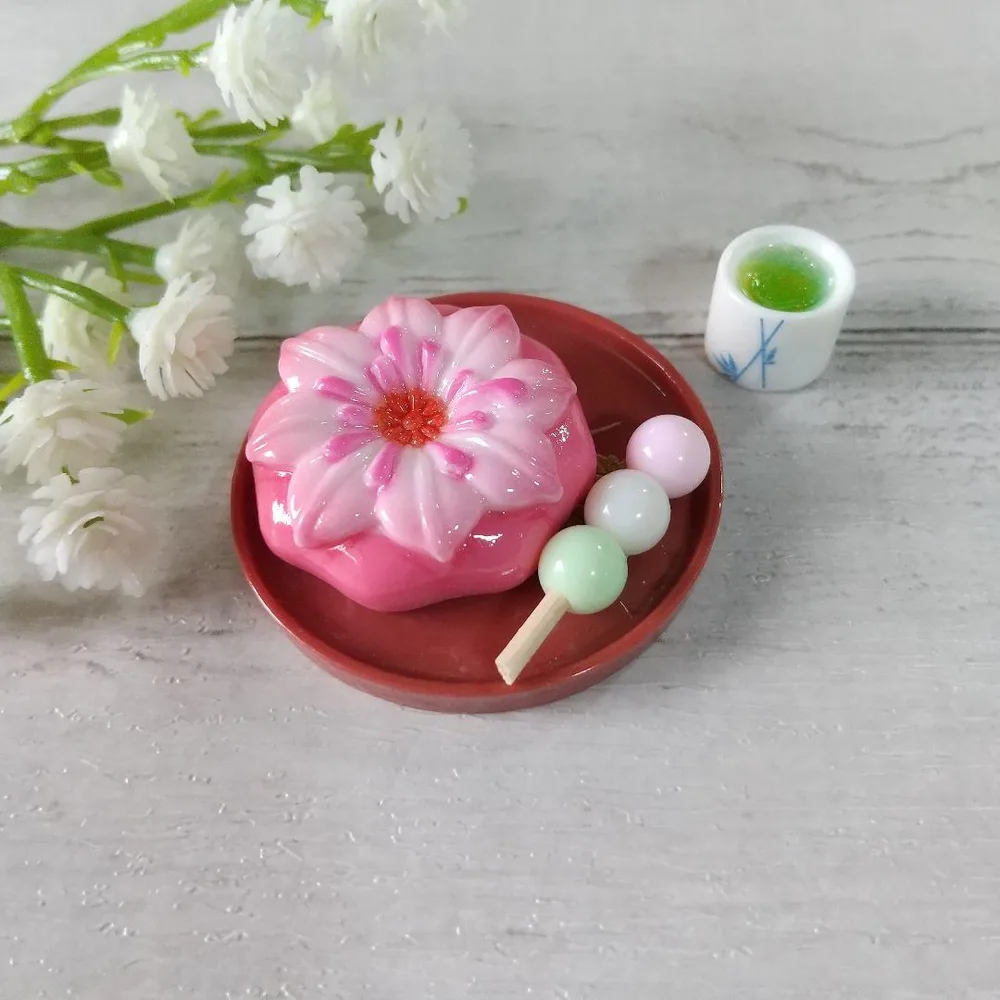 ミニチュア #2411 お花モチーフ 和菓子 団子 もみじ柄 トレイ 湯呑み