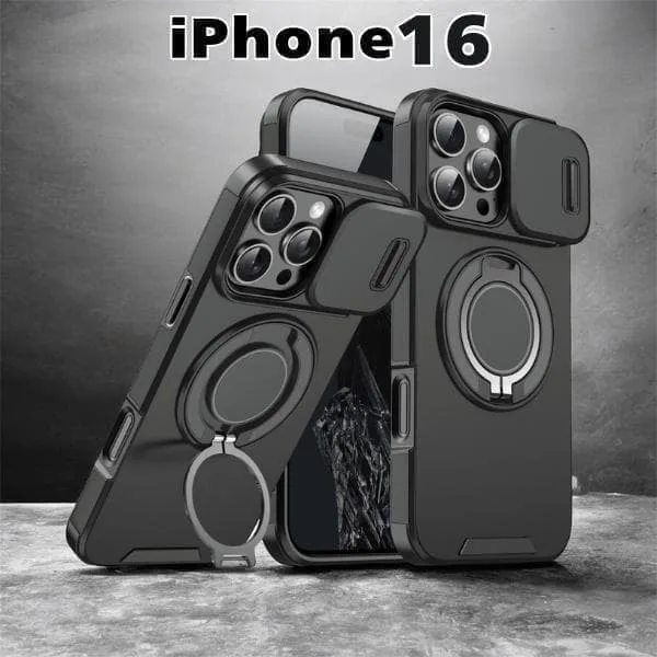 iPhone16 ケース 耐衝撃スライドレンズ リング付 黒 ブラック